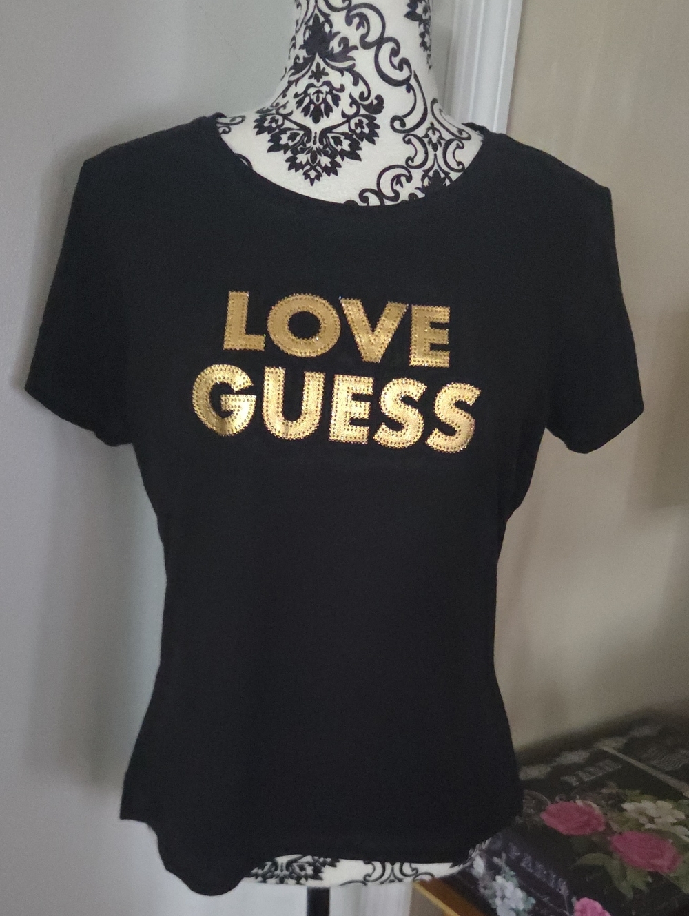Guess Black Tee with Gold LOVE GUESS Logo